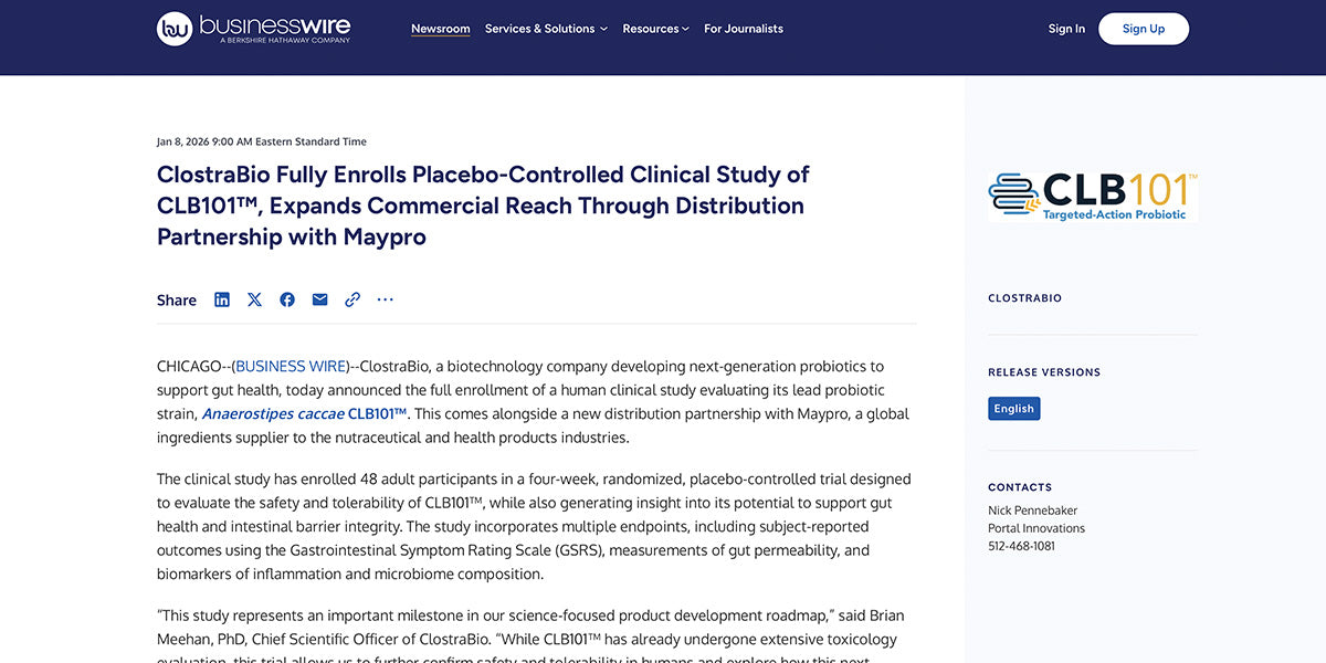 ClostraBio Fully Enrolls Placebo-Controlled Clinical Study of CLB101™, Expands Commercial Reach Through Distribution Partnership with Maypro