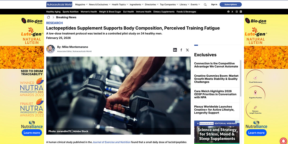 Nutraceuticals World — Lactopeptides Supplement Supports Body Composition, Perceived Training Fatigue