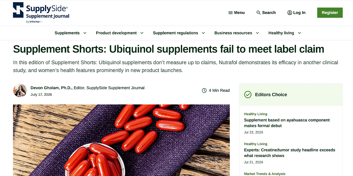 Supplement Shorts: Ubiquinol supplements fail to meet label claim
