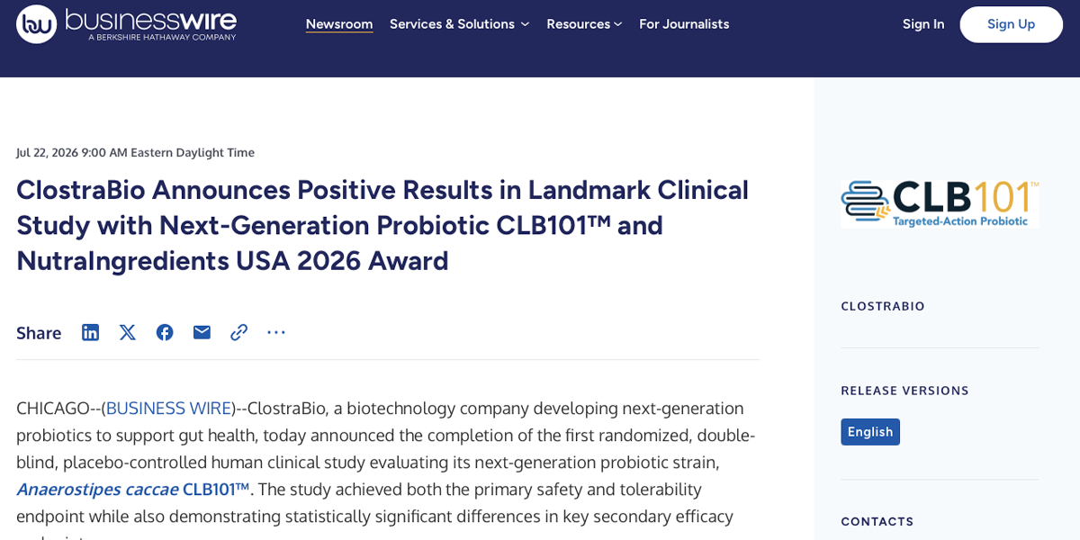 ClostraBio Announces Positive Results in Landmark Clinical Study with Next-Generation Probiotic CLB101™ and NutraIngredients USA 2026 Award