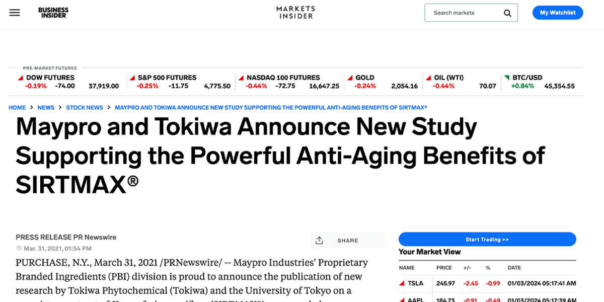 Markets Insider – Maypro and Tokiwa announce new study on Sirtmax