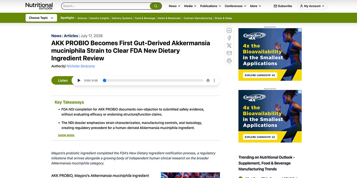 Nutritional Outlook — AKK PROBIO Becomes First Gut-Derived Akkermansia muciniphila Strain to Clear FDA New Dietary Ingredient Review