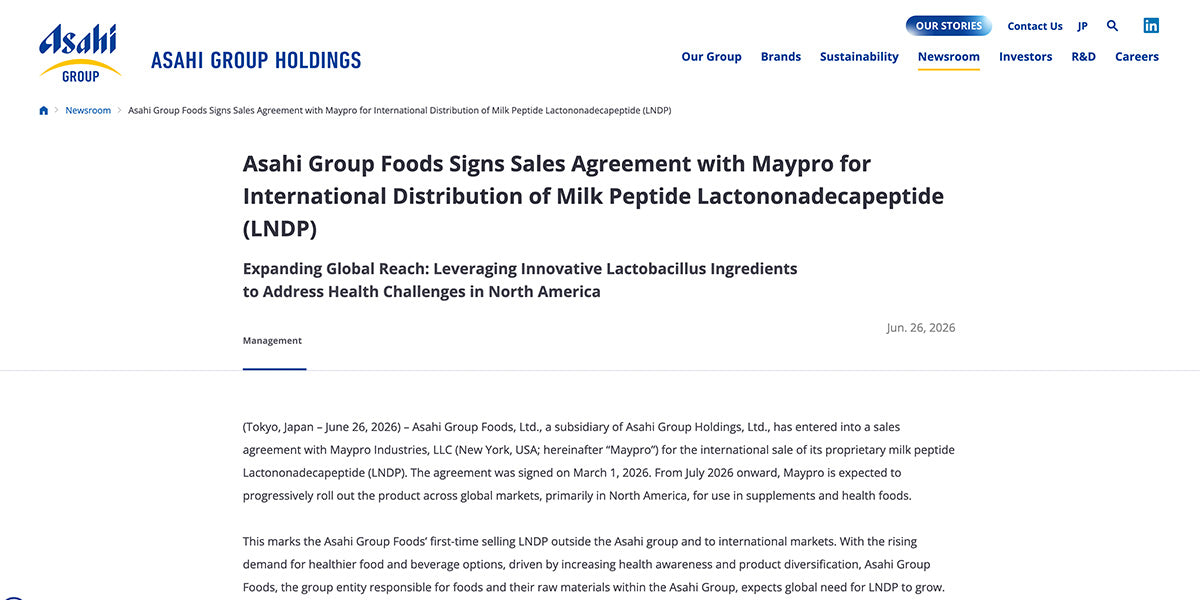 Asahi Group Holdings — Asahi Group Foods Signs Sales Agreement with Maypro for International Distribution of Milk Peptide Lactononadecapeptide (LNDP)