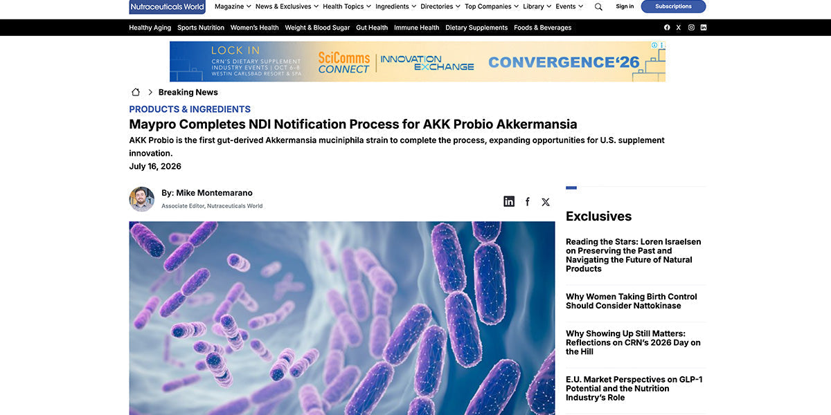 Neutraceuticals World — Maypro Completes NDI Notification Process for AKK Probio Akkermansia