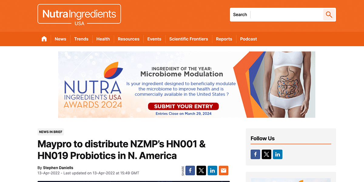 NutraIngredients USA – Maypro to Distribute NZMP's HN001 and HN019 Probiotics in North America