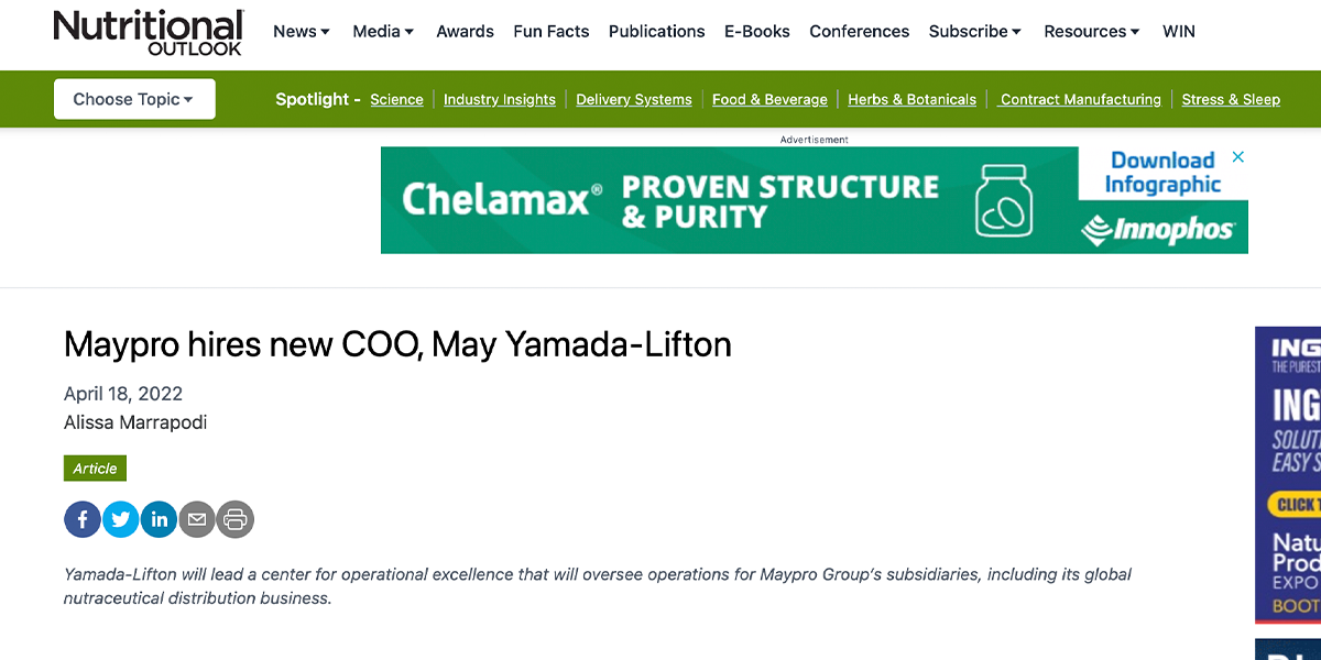 Nutritional Outlook – Maypro hires new COO, May Yamada-Lifton