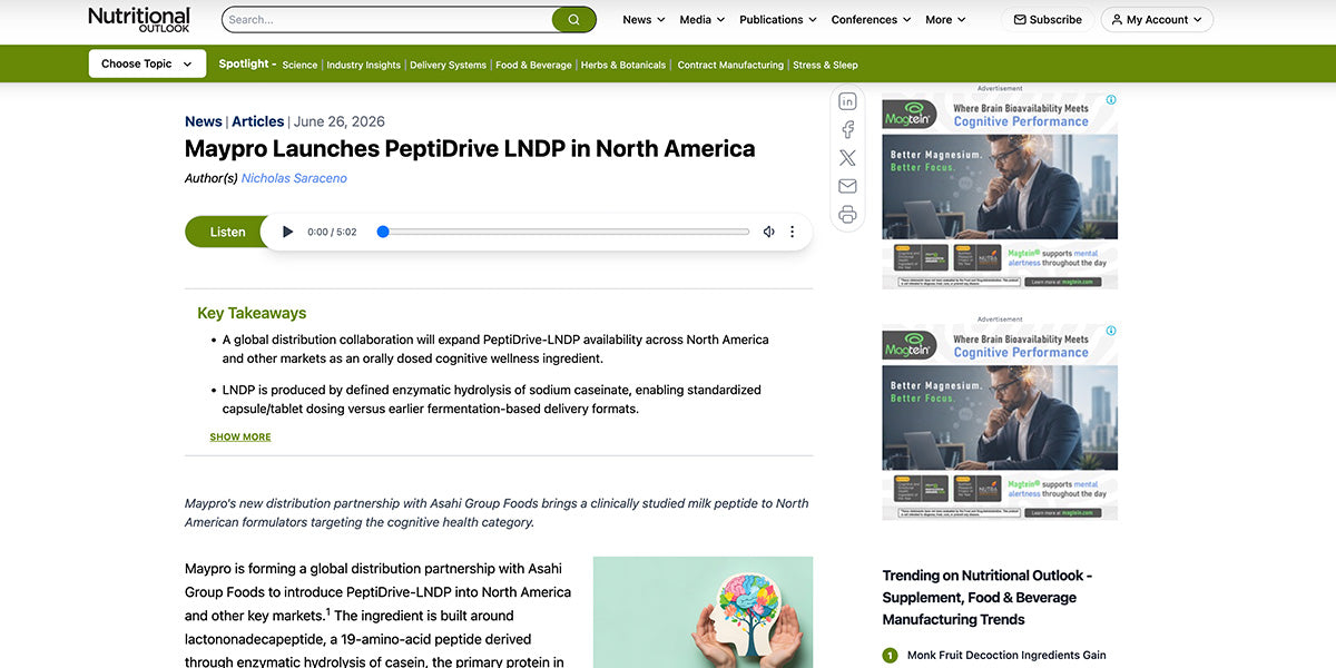 Maypro Launches PeptiDrive LNDP in North America | Nutritional Outlook - Supplement, Food & Beverage Manufacturing Trends