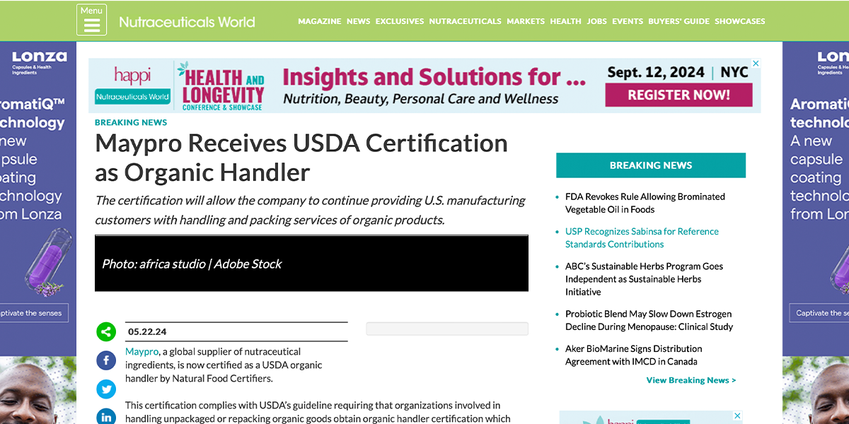 Nutraceuticals World – Maypro Receives USDA Certification as Organic Handler