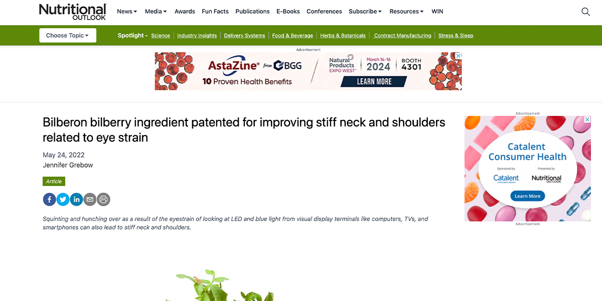 Nutritional Outlook – Bilberon bilberry ingredient patented for improving stiff neck and shoulders related to eye strain