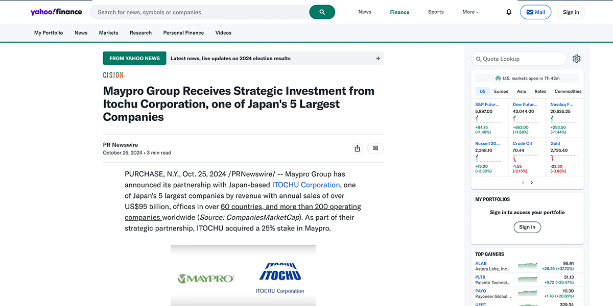 Yahoo! Finance – Maypro Group Receives Strategic Investment from Itochu Corporation, one of Japan's 5 Largest Companies