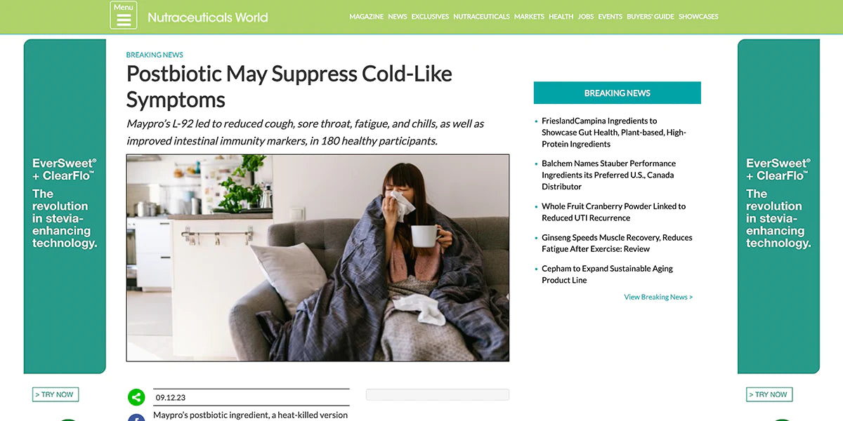 Nutraceuticals World – Postbiotic May Suppress Cold-Like Symptoms